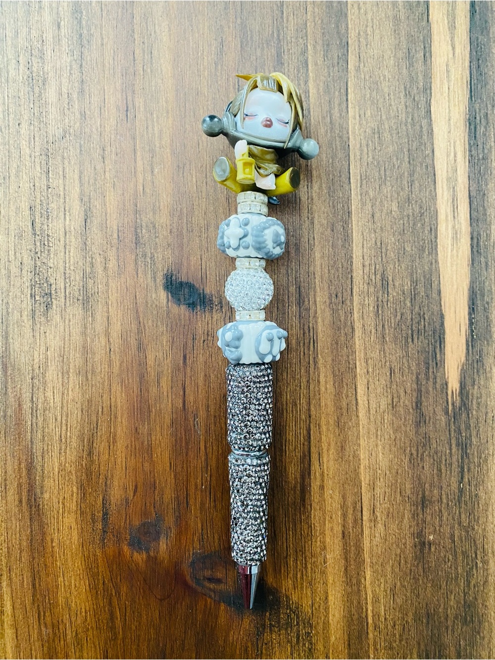 New Skull Panda Beaded Pen with Cute Character Top - White, Gray, Gold